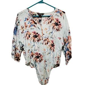 Ali Miles Womens Multicolor 3/4 Sleeve V Nck Floral Print Cotton Casual Top Sz S